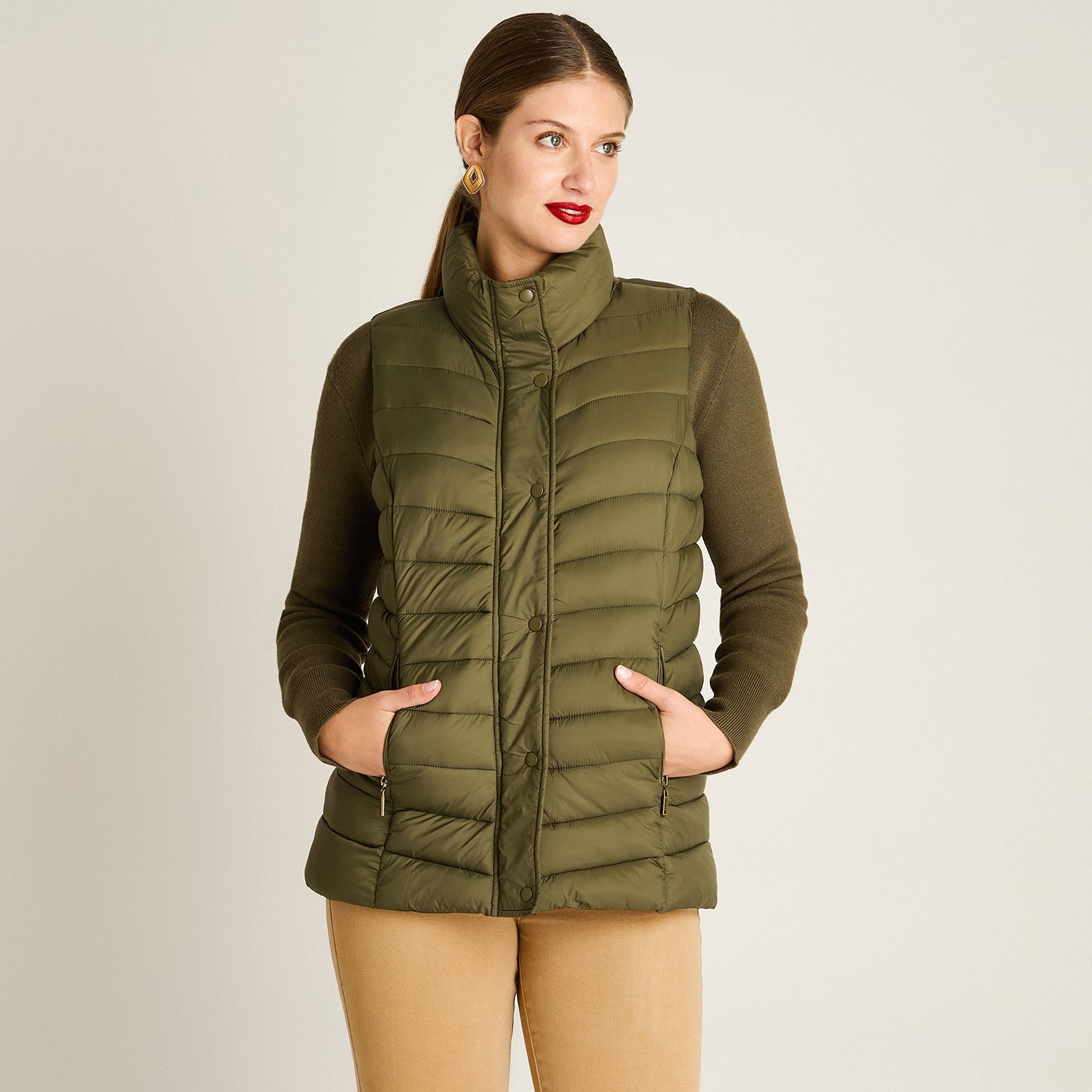 Parka Verde Sin Mangas Elasticidad Nula Sin Forro Calce Normal Tela Plano